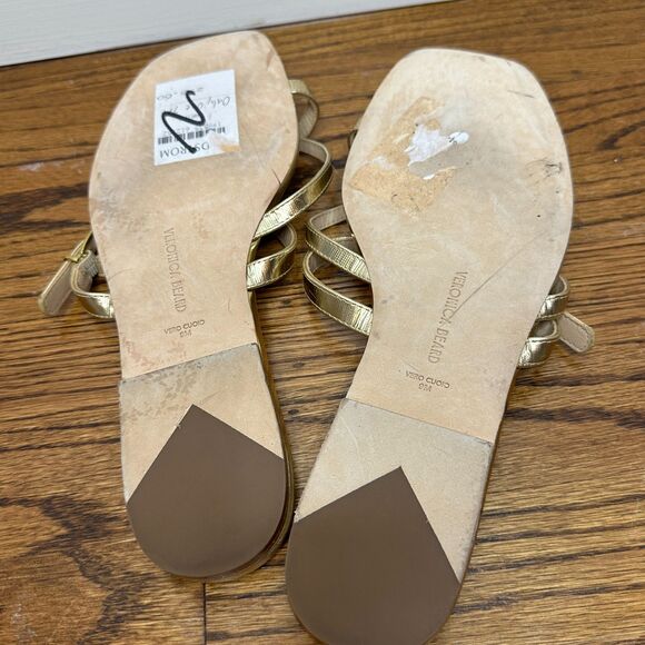 Veronica Beard Sandals Size 9 Marthe Gold Leather Strappy Thong Flat Luxury $295 - Picture 6 of 10